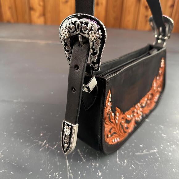 VTG Nocona Leather Purse Brown Black Orange Hand Tooled Floral 11x3x5 NWT - Picture 5 of 10